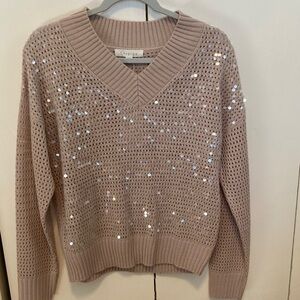 Women's V-Neck Sequin Sweater - Cream